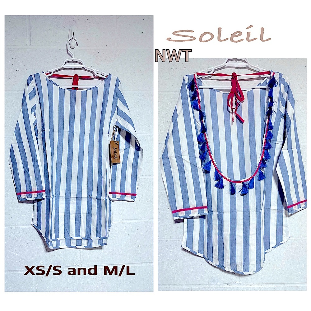 NWT SOLEIL blue white stripe 100% cotton top mini dress beach cover up tunic top